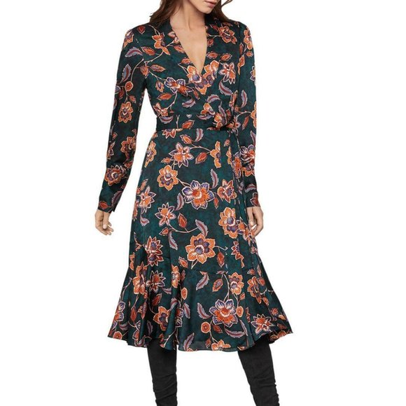Floral Satin Georgette Green Blue Wrap Dress Nwt S,L,X - Picture 1 of 3